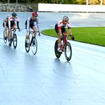 5 cyclists close in on the finish line at the Ed Rudolph Velodrome in Northbrook, IL during the Velodrome 4k TT.