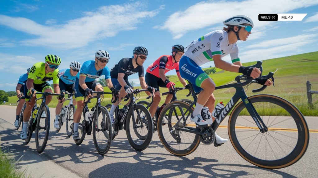 A dynamic action shot of a road racing cycling event set against a scenic Illinois countryside backdrop featuring a tight peloton of 7 diverse cyclists