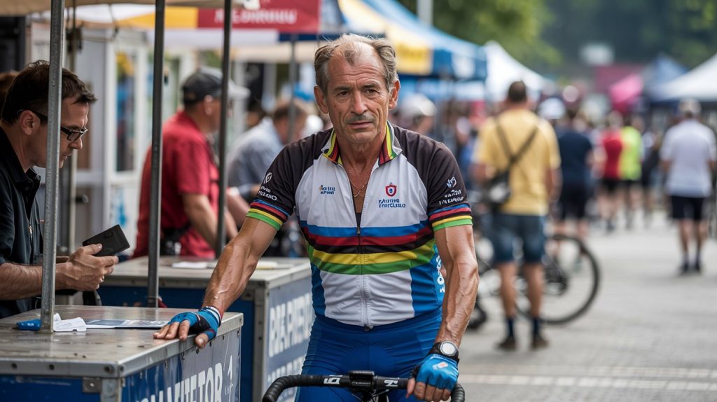 An older cyclist completes registration for his first Time Trial cycling event in Illinois.  Older Cyclists love to compete in our Time Trial races.