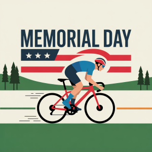 Memorial Day Omnium logo - featuring a cyclist in traditional blue and black racing gear set in a nature setting with symbols of a US flag and the words Memorial Day across the background