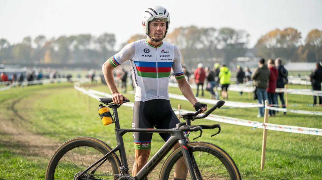 A cyclocross racer pauses with his bike just outside of the race course as he considers Time Trial racing