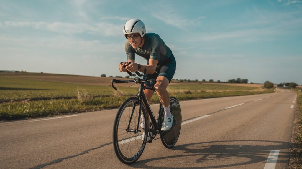 An experienced racing cyclist tackling their first time trial in 2025. A fit male 40-ish rider (in a snug, green cycling jersey and bib shorts on a sleek Midwest road. Bike gear - 25mm tires, aero bars.