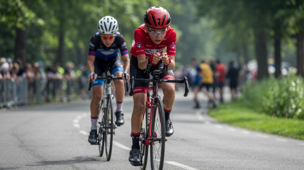 A junior cyclist in blue biking apparel riding a road bike closes in on another time trial cycling competitor at a Wisconsin TT event