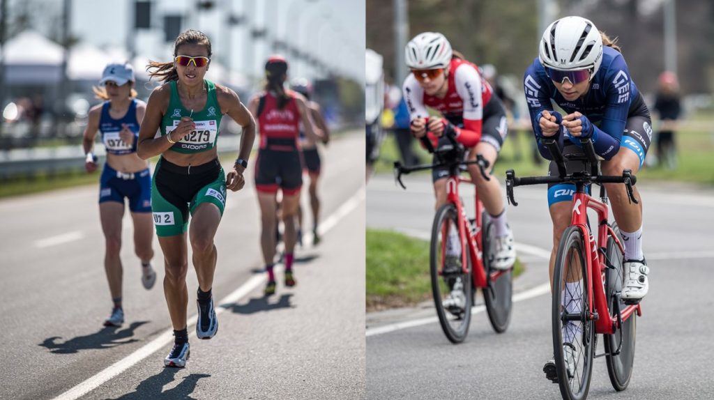 A split-screen photo of a female runner competing in a race (on the left) and the same woman racing ahead of a cyclist at a time trial cycling event.  She proves runners have what it takes to compete in time trial cycling events.