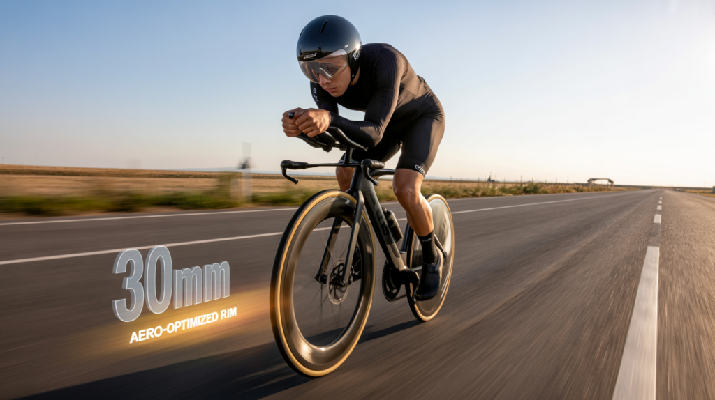 A scene depicting Bicycle Racing Tire Width featuring a cyclist intensely focused, captured in a dynamic time trial position, speeding along a sun-drenched asphalt road. The cyclist wears a sleek black aerodynamic suit and helmet, their body leaning low over the carbon frame of their bike, which features a "30mm" tire with subtle metallic lettering and an "Aero-Optimized Rim" digital overlay near the wheel.  Wind streaks subtly blur the background, accentuating the 45 kph velocity, while the glossy carbon rim catches the golden light of the setting sun, creating a brilliant reflection. The expansive road stretches into a distant horizon, framed by gently rolling hills and a clear blue sky, offering a clean, uncluttered backdrop.