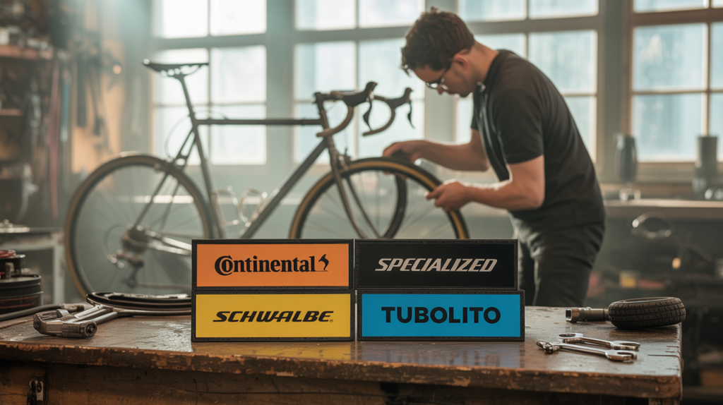 A bicycle shop repairman assembles a pro bike tire while in the foreground logos are displayed representing the biggest names of Bicycle Inner Tubes including Continental, Specialized, Swalbe and Tubolito.