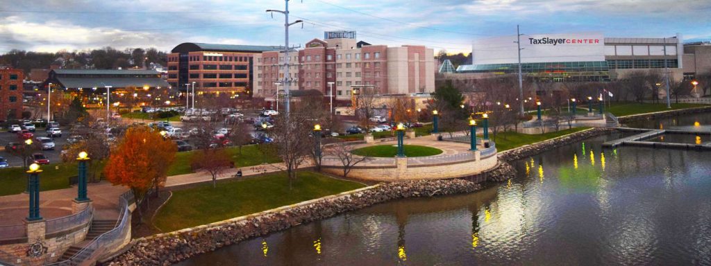 A picturesque view of Moline IL along the riverfront - highlighting the active Quad Cities Art Scene