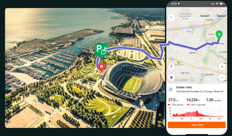 Using Ride With GPS (RWGPS), bicyclists can easily navigate from their location to a point of interest, such as Chicago's Soldier Field as scene here in this rendition.